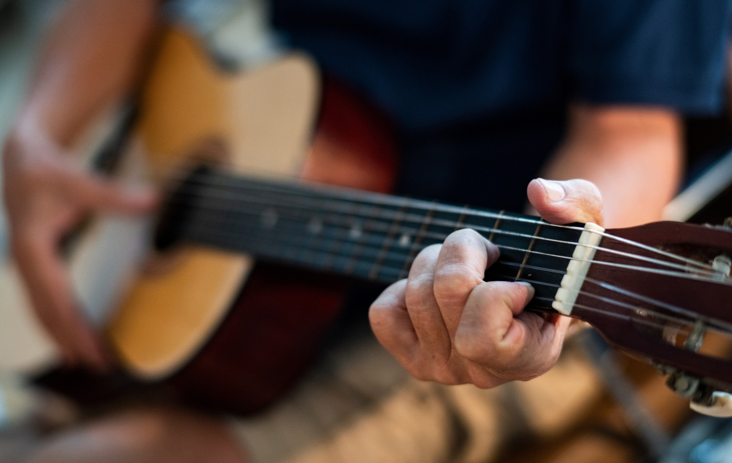 Close-up of hands playing an acoustic guitar