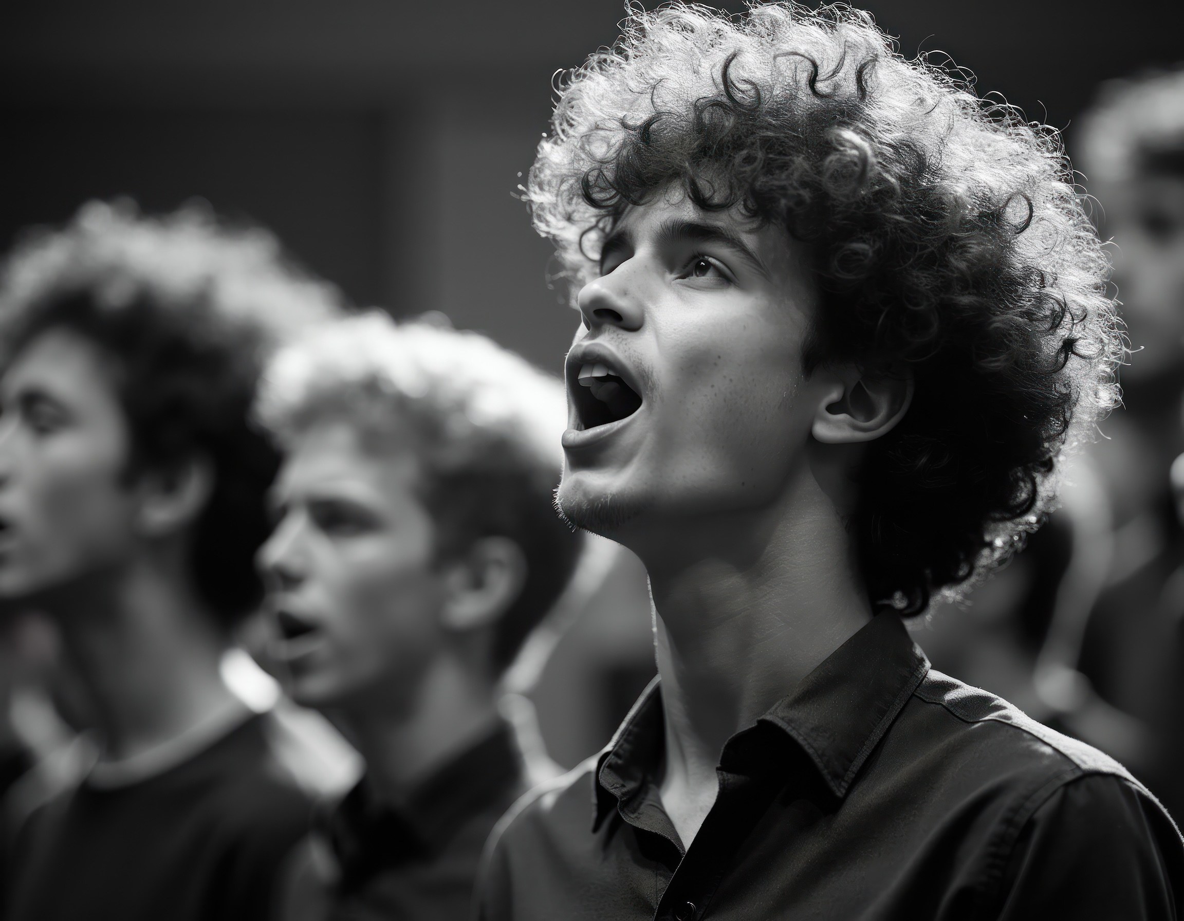Black-and-white photo of a young man with curly hair singing